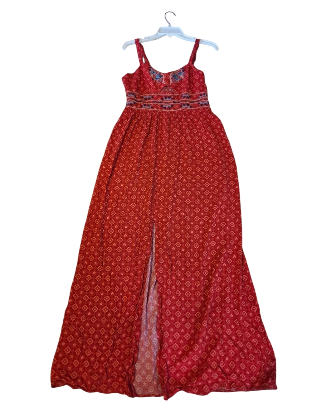 Xhilaration Red Bandana Print Maxi Dress Embrodiered Boho Festival Size Medium
